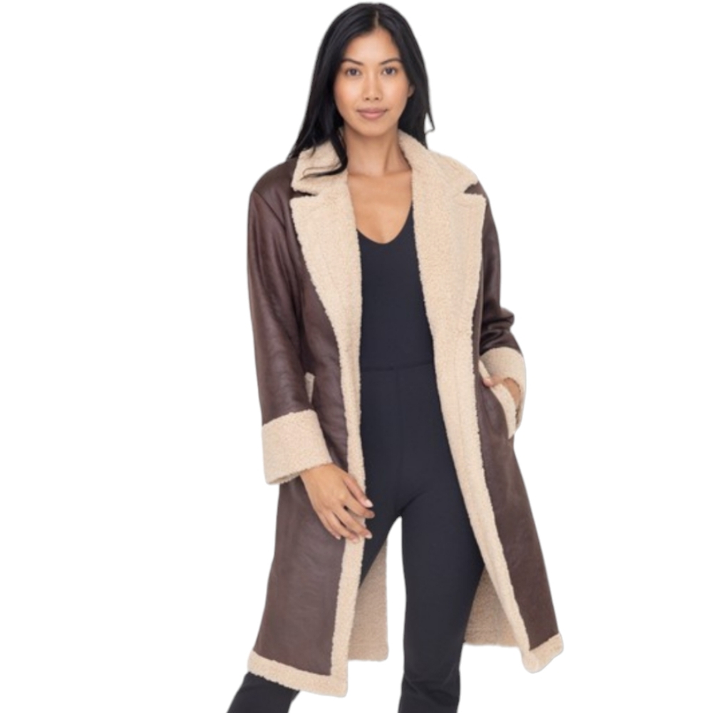 166. Women's Brown Faux Suede Sherpa Long Coat NWT